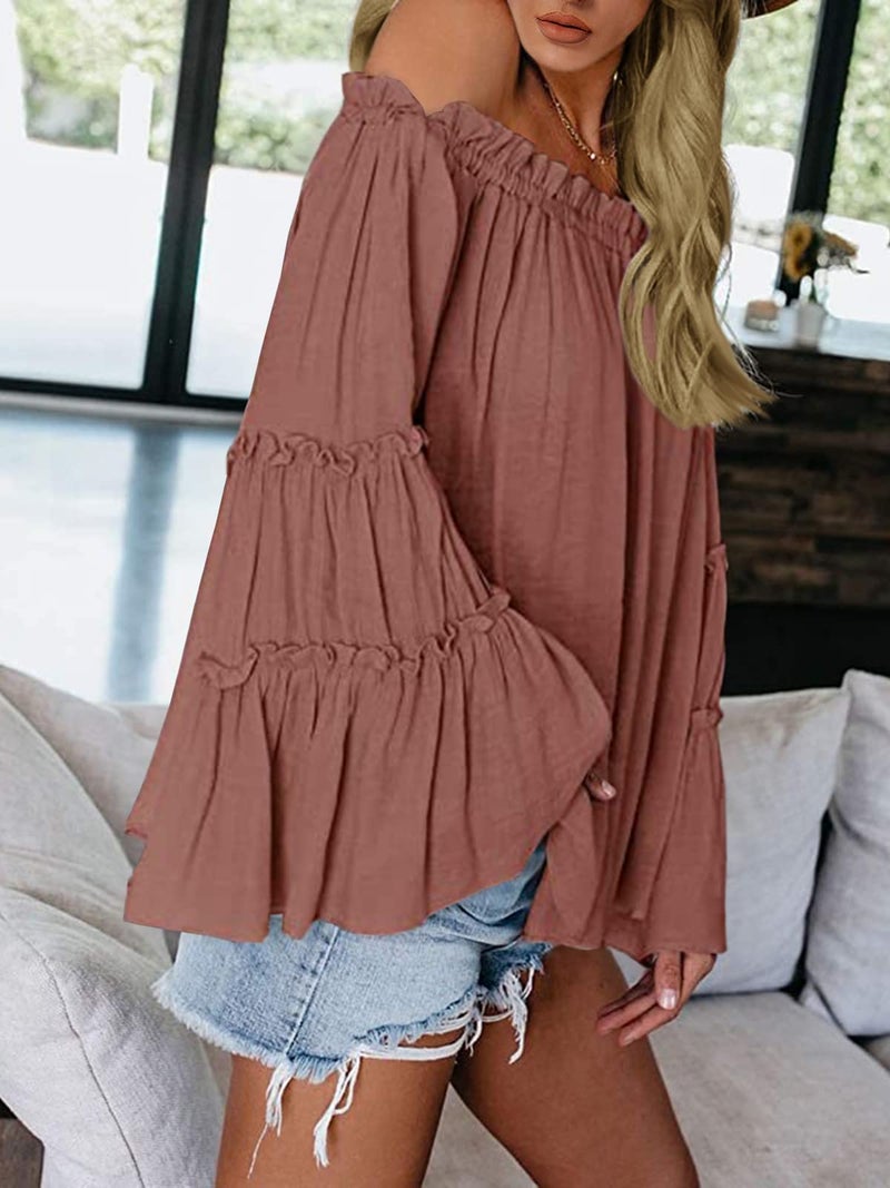 Farktop Womens Off The Shoulder Long Bell Sleeve Tops Flared Casual Loose Blouse (Z Brick red, XX-Large) - Image 2